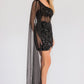 Juliet JT937R Dress One Shoulder Cape Sleeve Cocktail Sequin Gown