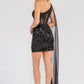 Juliet JT937R Dress One Shoulder Cape Sleeve Cocktail Sequin Gown