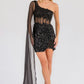 Juliet JT937R Dress One Shoulder Cape Sleeve Cocktail Sequin Gown