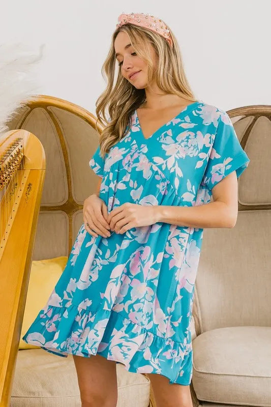 BiBi Floral Crinkle Shirred Ruffle Detail V Neck Dress - Farnelli