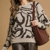 Umgee Heart Print Crew Neck Sweater - LATTE