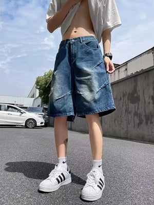Men's Full Size Vintage Wash Wide-Leg Denim Shorts Plus Size - Farnelli