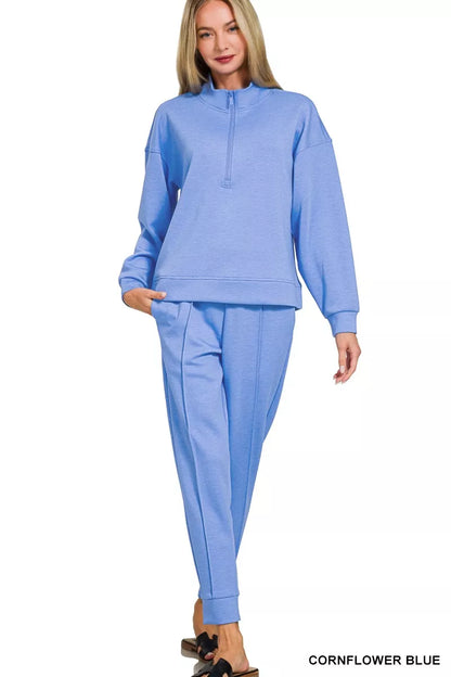 Zenana Scuba Half Zip Pullover and Jogger Set - Farnelli