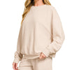 Zenana Slub Long Sleeve Top and Shorts Set - SAND BEIGE