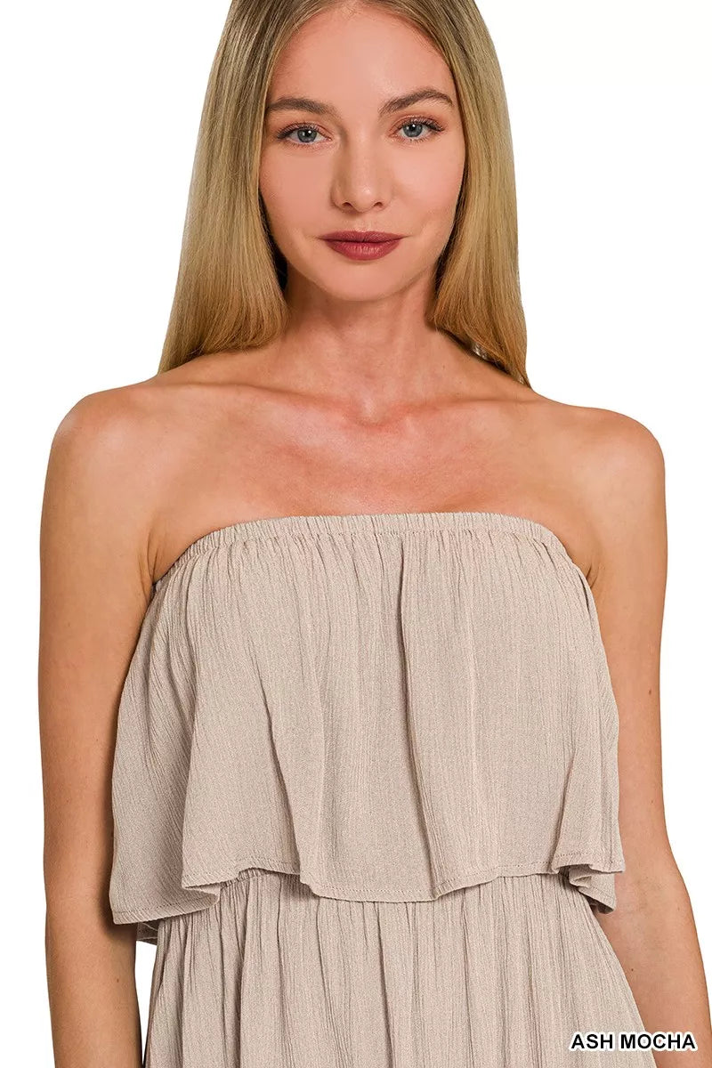 Zenana Woven Crinkle Strapless Maxi Dress - Farnelli