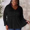 Double Take Half Button Long Sleeve Ruffle Hem Blouse - Black