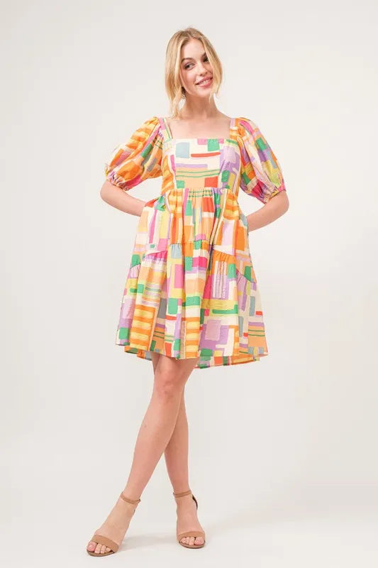 And The Why Square Neck Puff Sleeve Geo Printed Mini Dress - Farnelli
