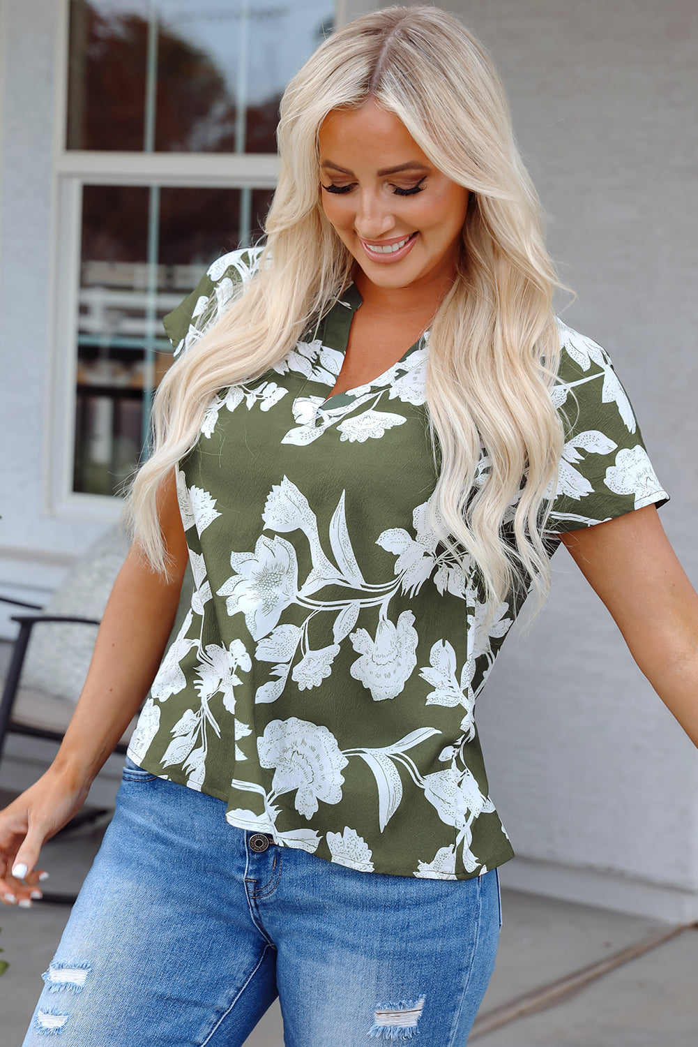 Floral Split Neck Short Sleeve Blouse - Farnelli