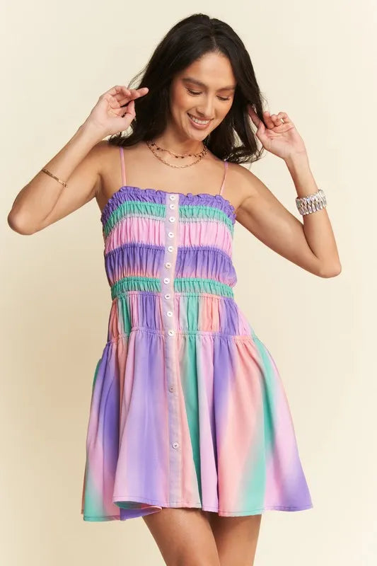 Davi & Dani Multi Color Ombre Printed Bodice Button Up Dress - Farnelli