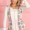 BiBi Granny Square Print Contrast Annie Rib V Neck Top - CREAM