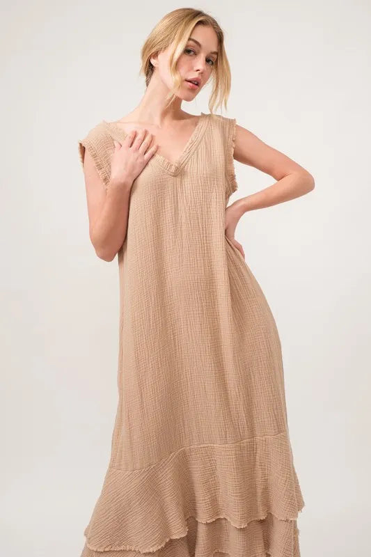 And The Why Washed Cotton Gauze Fringe Detail Tiered Dress - Farnelli