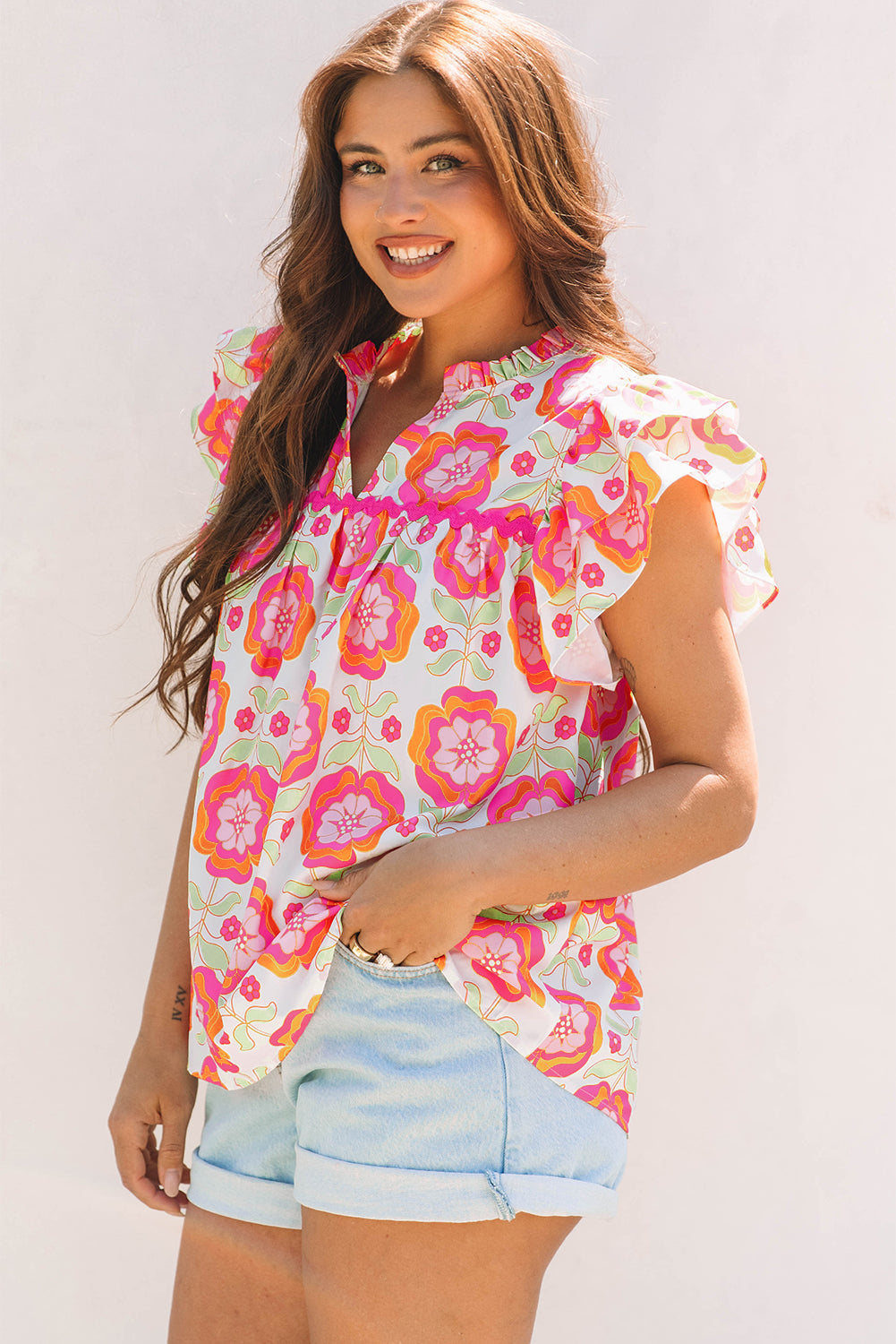 Mikaela Ric-rac Trim Split Neck Loose Blouse - Farnelli