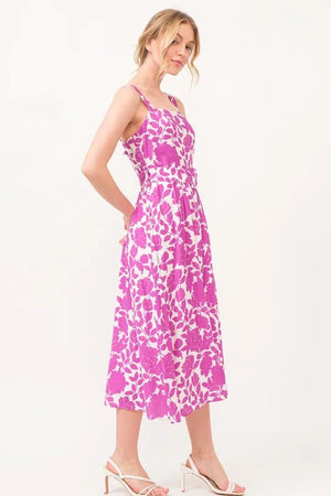 And The Why Square Neck Belted Floral Printed Midi Dress - Farnelli