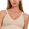 Zenana Washed V Neck Seamless Cropped Bra Top - ASH MOCHA