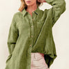 BiBi Raw Edge Detailed Mineral Washed Loose Fit Shirt - VINTAGE OLIVE