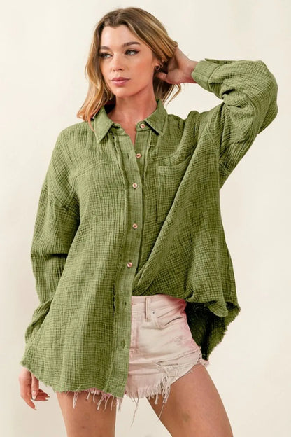 BiBi Raw Edge Detailed Mineral Washed Loose Fit Shirt - Farnelli