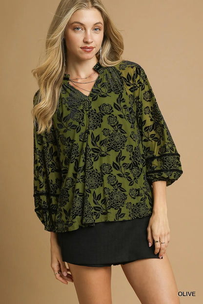 Umgee Full Size Floral Velvet Blouse with Balloon Sleeves Plus Size - Farnelli