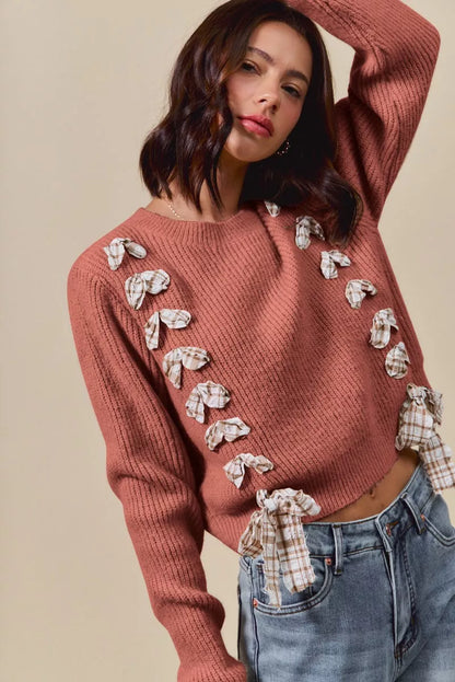 SO ME Checkered Plaid Tape Lace Up Ribbed Sweater - Farnelli