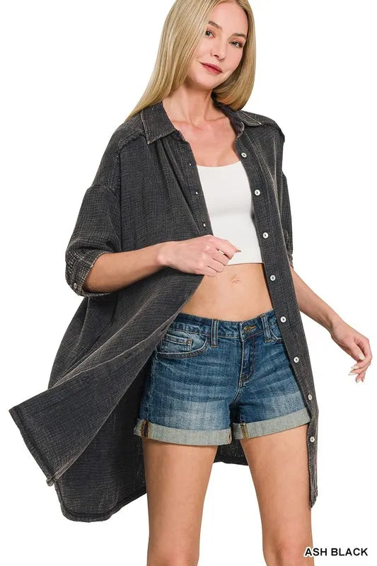 Zenana Washed Double Gauze Button Down Shirt Dress - Farnelli