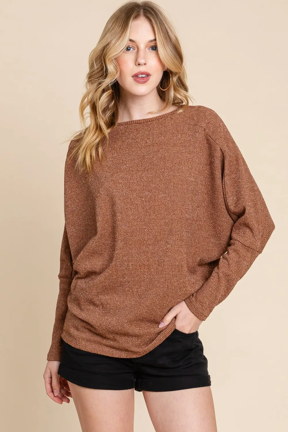 BOMBOM Drop Shoulder Long Sleeve Knit Top - Farnelli