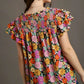 Umgee Full Size Floral Printed Smocked Top Plus Size - Farnelli