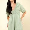 VERY J Lace Detail Puff Sleeve Romper with Pockets - Sage