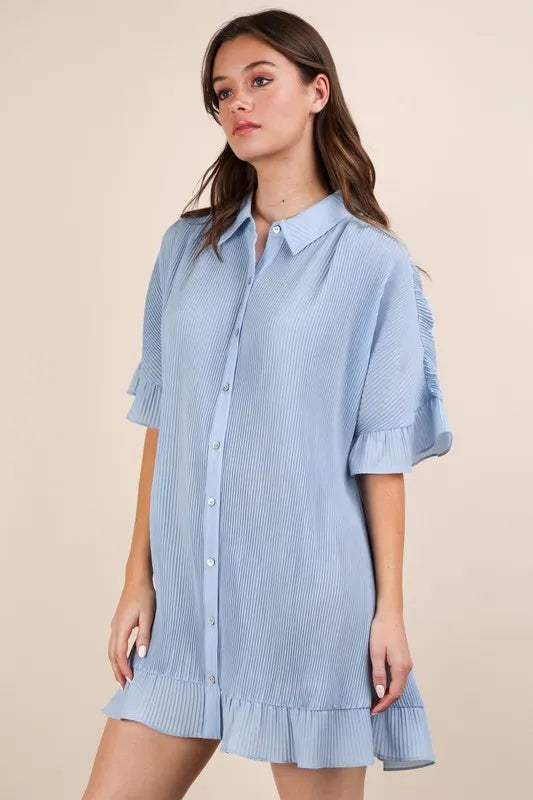 VERY J Pleated Detail Button Down Mini Dress - Farnelli
