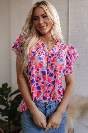 Arlet Abstract Ruffled Sleeve V Neck Blouse - Farnelli