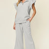 Double Take Texture Ruffle Short Sleeve Top and Drawstring Wide Leg Pants Set - Light Gray