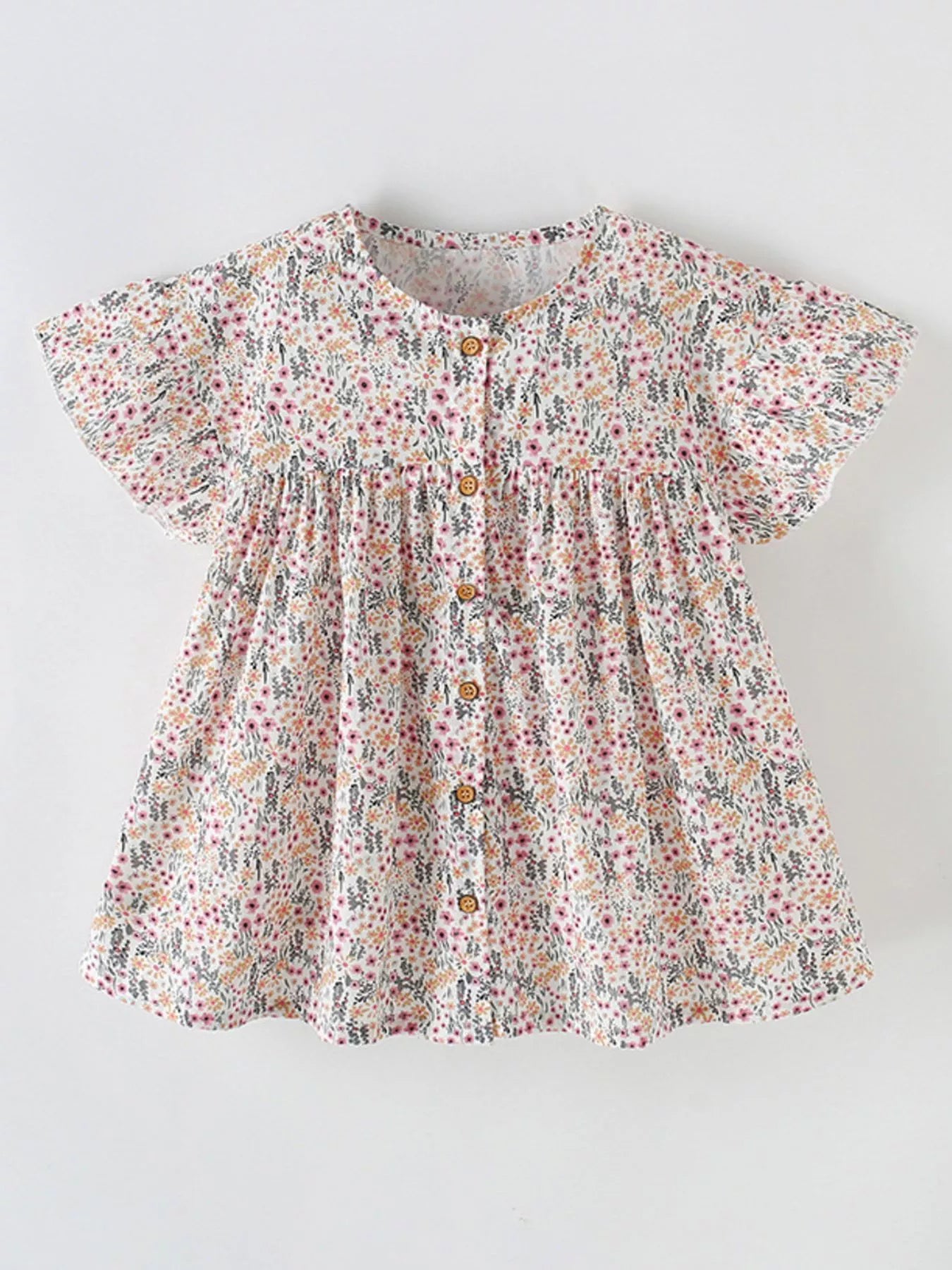 Children's Floral Print Button-Front Ruffle Sleeve Dress - Farnelli