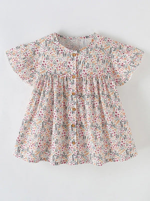Children's Floral Print Button-Front Ruffle Sleeve Dress - Farnelli