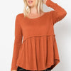 Be Stage Full Size Texture Babydoll Round Neck Long Sleeve Knit Top - Rust