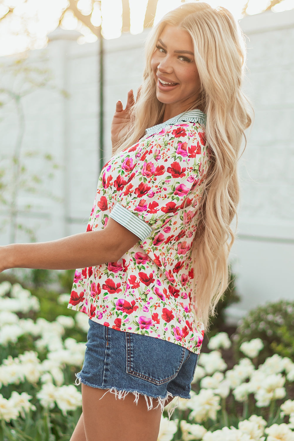 Romy Floral Striped Patchwork Collared Short Sleeve Blouse - Farnelli