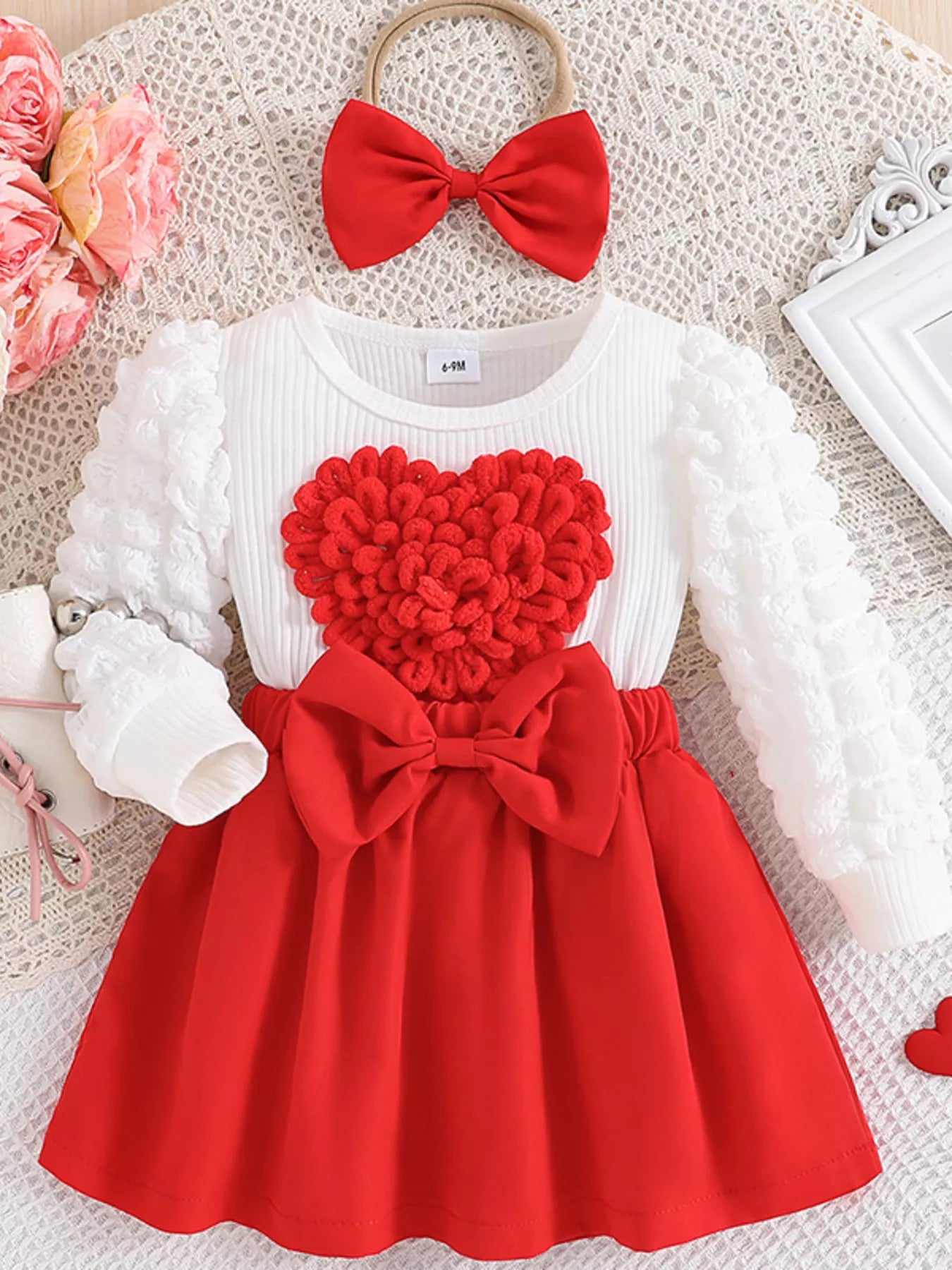 Children's Heart Bowknot Decor Dress with Headband - Farnelli