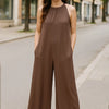 Double Take Full Size Tie Back Cutout Sleeveless Jumpsuit - Brown