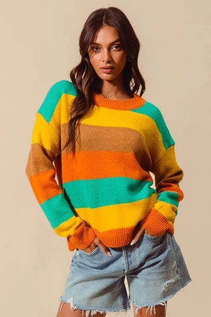 SO ME Multi Color Stripe Sweater with Ribbed Detail - Farnelli