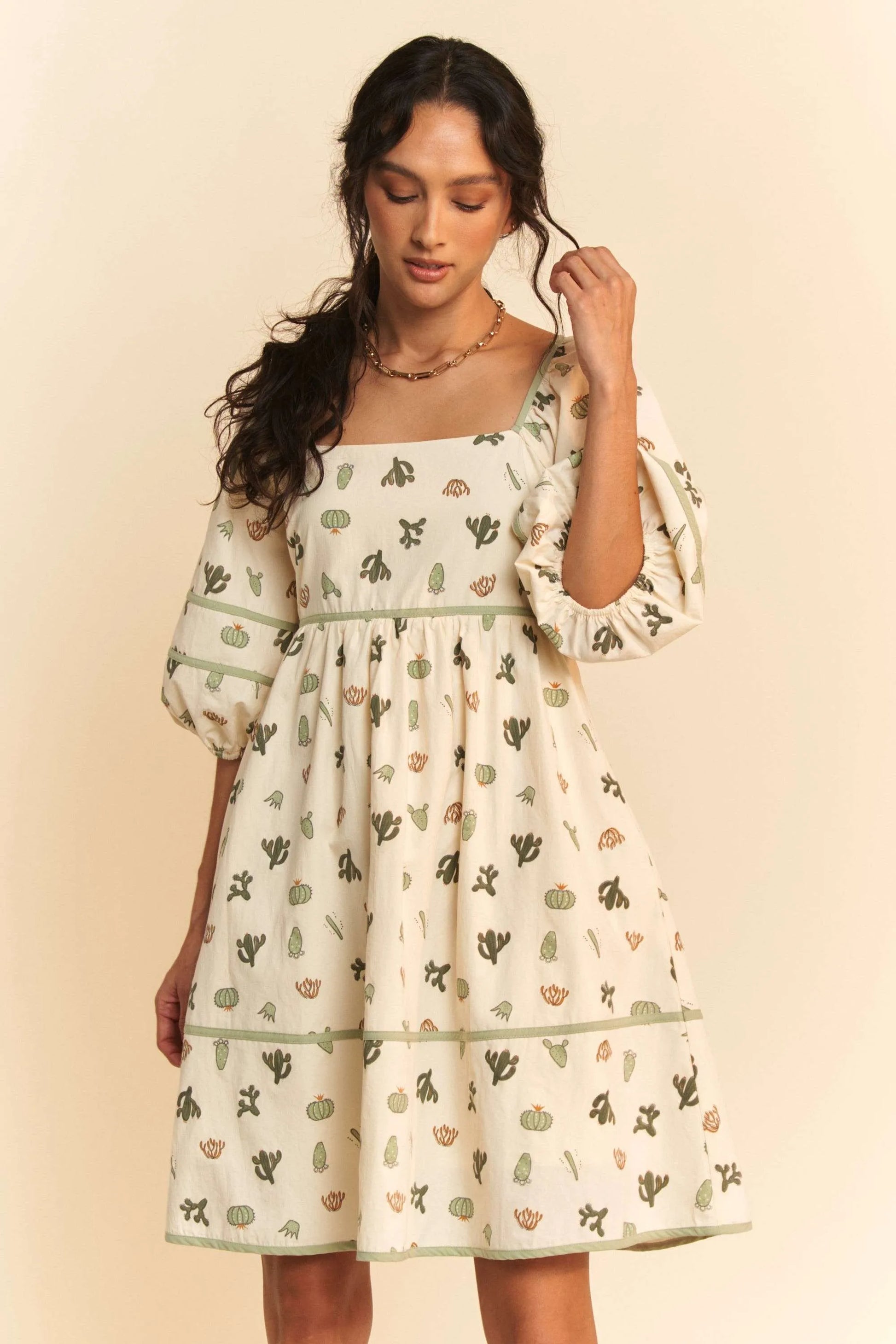 Davi & Dani Cactus Printed Poplin Contrast Piping Mini Dress - Farnelli
