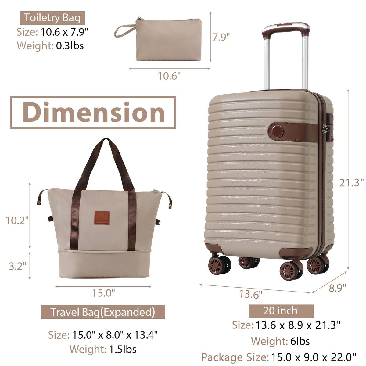 HouseOfZazla khaki 3-piece hard case luggage set with 360° spinner wheels