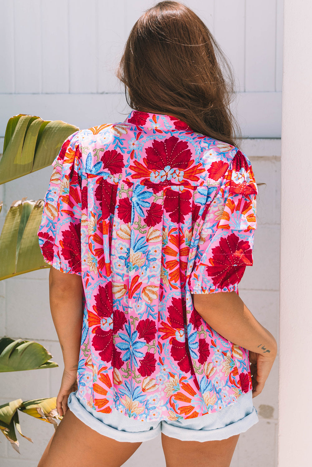 Mikaela Floral Bubble Sleeve Button Up Pleated Shirt - Farnelli