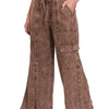 Zenana Washed Linen Elastic Band Waist Cargo Pants - BROWN