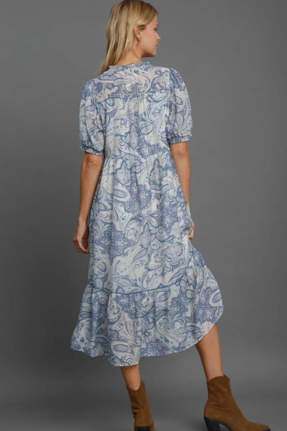 Umgee Full Size Printed Puff Short Sleeve Midi Dress Plus Size - Farnelli