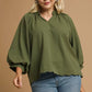 Umgee Full Size Textured Notched Balloon Sleeve Blouse Plus Size - Farnelli