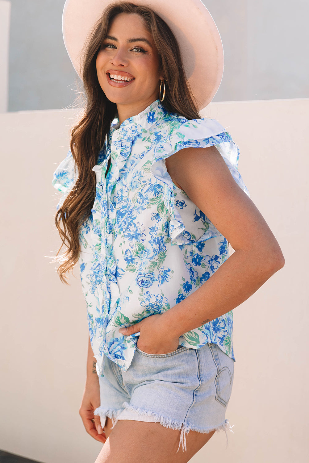 Tiana Floral Ruffle Sleeve Button Up - Farnelli