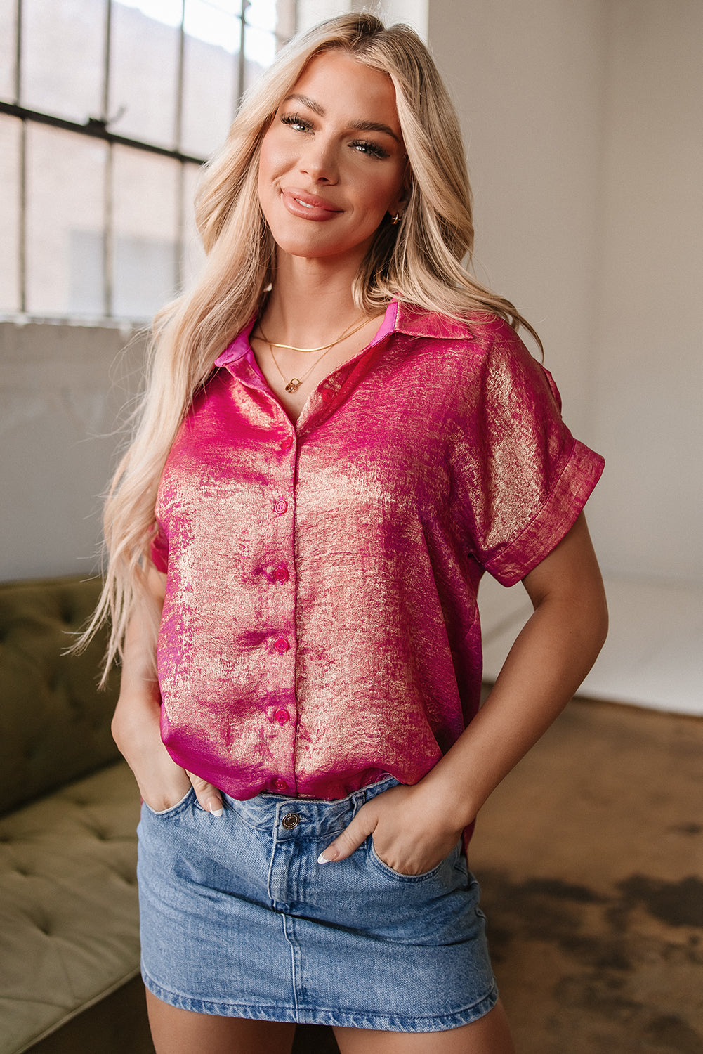 Amoura Metallic Sheen Buttoned Top - Farnelli