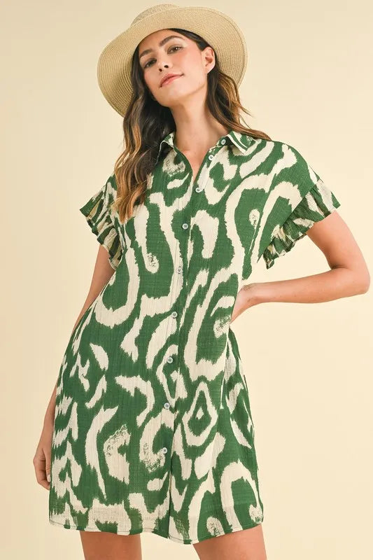 Annie Wear Abstract Printed Frill Sleeve Shirt Mini Dress - Farnelli