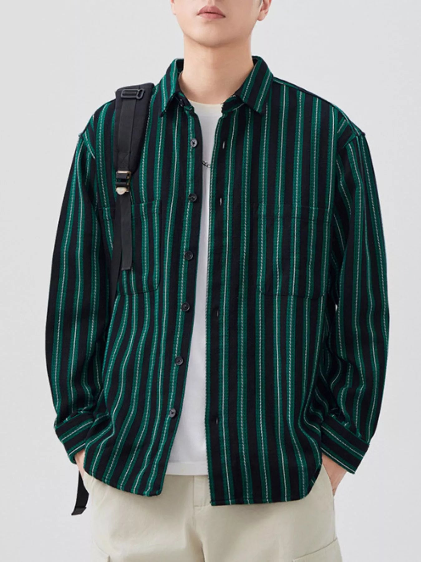Men's Plus Size Striped Button Up Long Sleeve Shirt - Farnelli