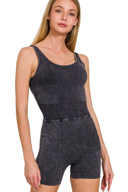 Zenana Washed Sports Romper With Removable Bra Pad - Farnelli