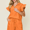 Double Take Full Size Texture Flounce Sleeve Top and Drawstring Shorts Set - Tangerine