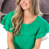 BiBi Ruffle Sleeve Wrinkled Cotton Gauze Top - Jade