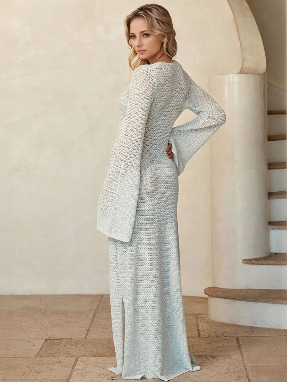 Slit Plunge Flare Sleeve Cover-Up Dress - Farnelli